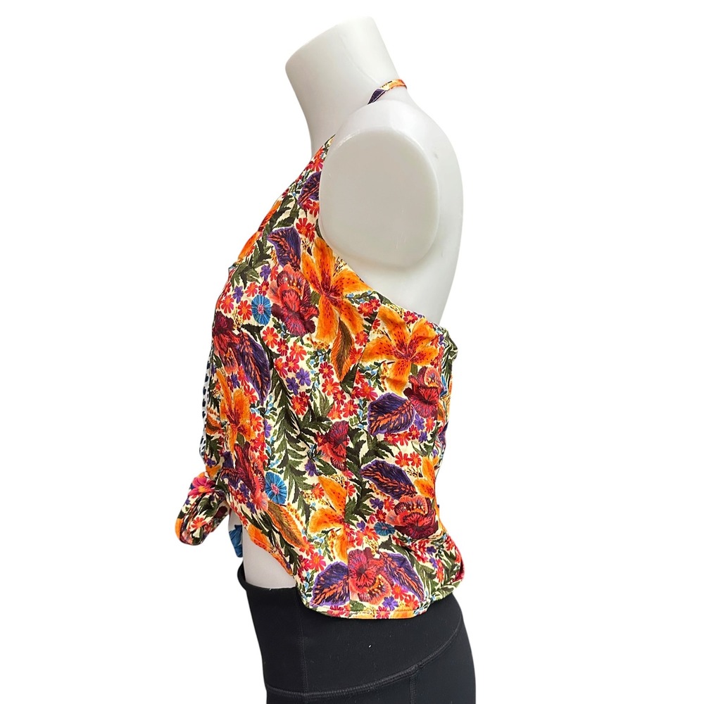 Farm Rio x Anthropologie Spliced Cami Tie Front Halter Top Tropical Print sz S - Picture 3 of 9